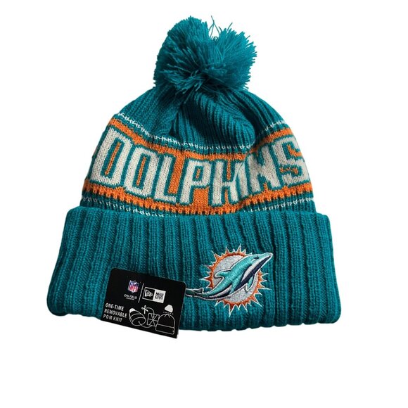 Miami Dolphins NFL New Era Knit Beanie W/Removeable Pom Football Fully Lined - Picture 1 of 9